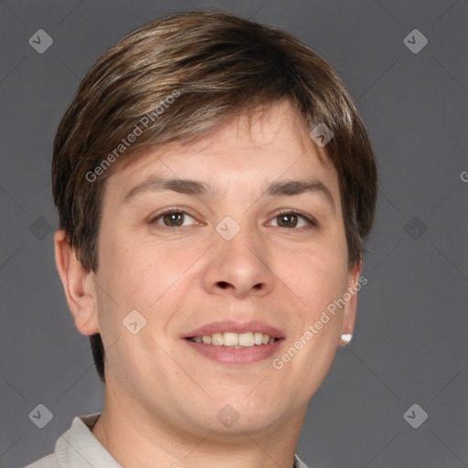 Joyful white adult male with short  brown hair and grey eyes