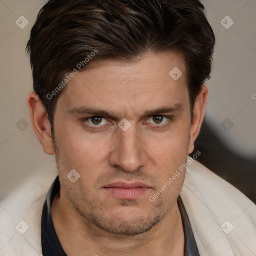 Neutral white adult male with short  brown hair and brown eyes