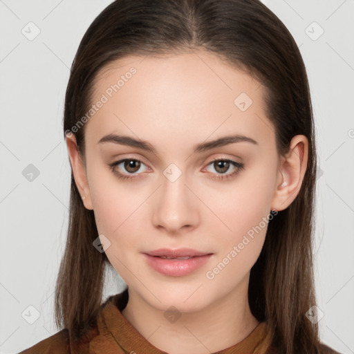 Neutral white young-adult female with long  brown hair and brown eyes