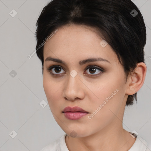 Neutral white young-adult female with medium  brown hair and brown eyes