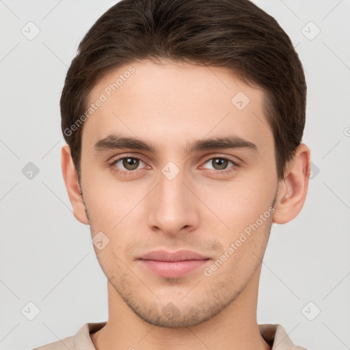 Neutral white young-adult male with short  brown hair and brown eyes