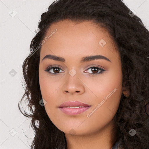 Joyful white young-adult female with long  black hair and brown eyes