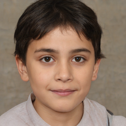 Joyful white child female with short  brown hair and brown eyes