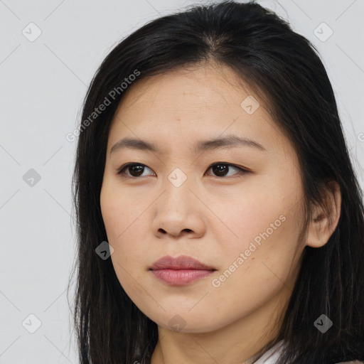 Neutral asian young-adult female with long  brown hair and brown eyes