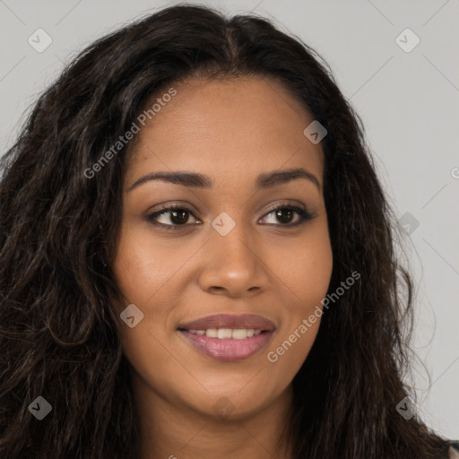 Joyful latino young-adult female with long  brown hair and brown eyes