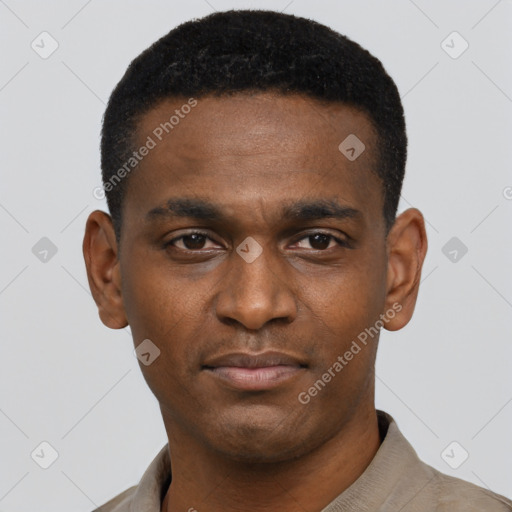 Neutral black young-adult male with short  black hair and brown eyes