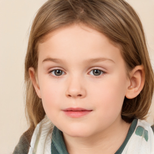 Neutral white child female with medium  brown hair and blue eyes