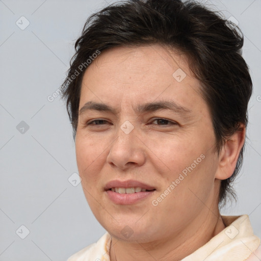 Joyful white adult female with medium  brown hair and brown eyes