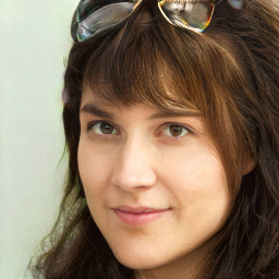 Joyful white young-adult female with long  brown hair and green eyes