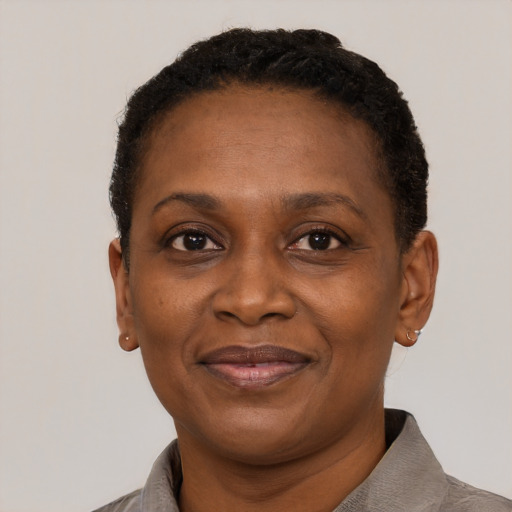 Joyful black adult female with short  brown hair and brown eyes