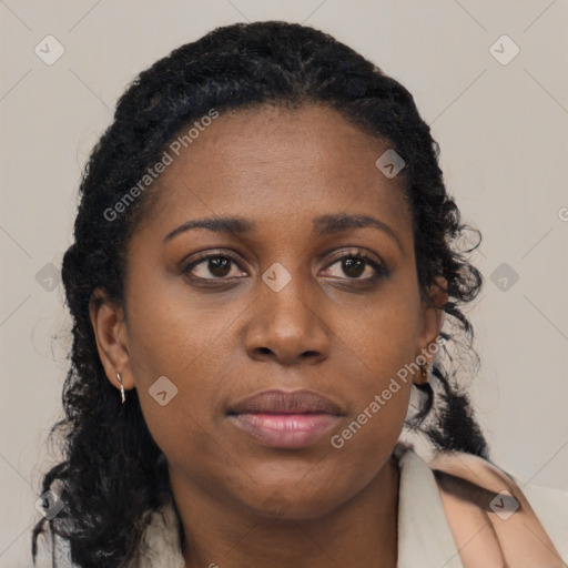 Joyful black young-adult female with long  brown hair and brown eyes