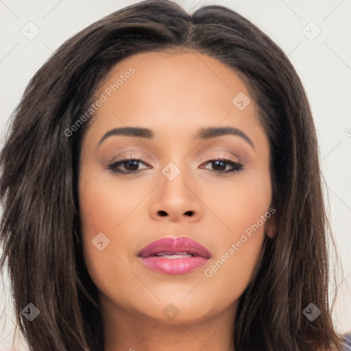 Joyful asian young-adult female with long  brown hair and brown eyes