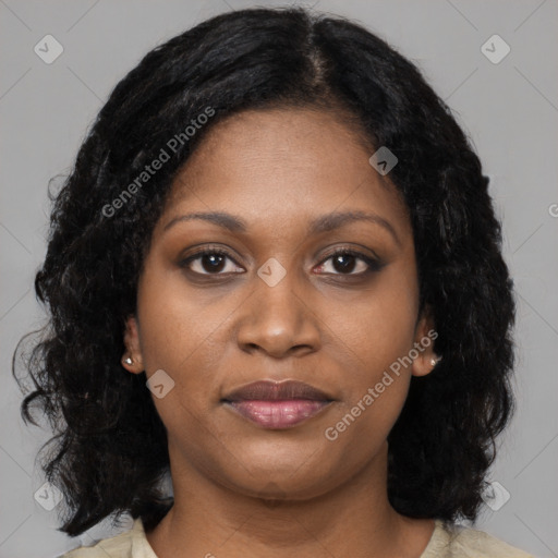 Joyful black young-adult female with medium  brown hair and brown eyes