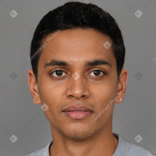 Neutral latino young-adult male with short  black hair and brown eyes