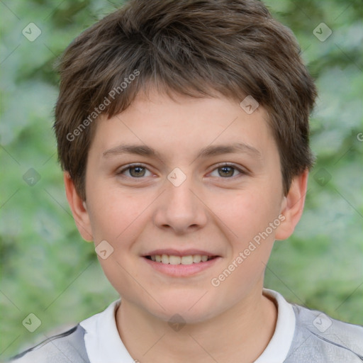 Joyful white child male with short  brown hair and brown eyes