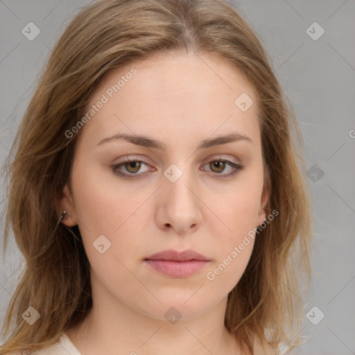 Neutral white young-adult female with medium  brown hair and brown eyes