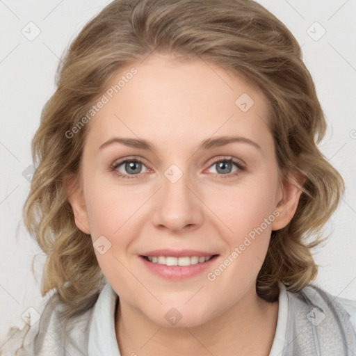 Joyful white young-adult female with medium  brown hair and green eyes