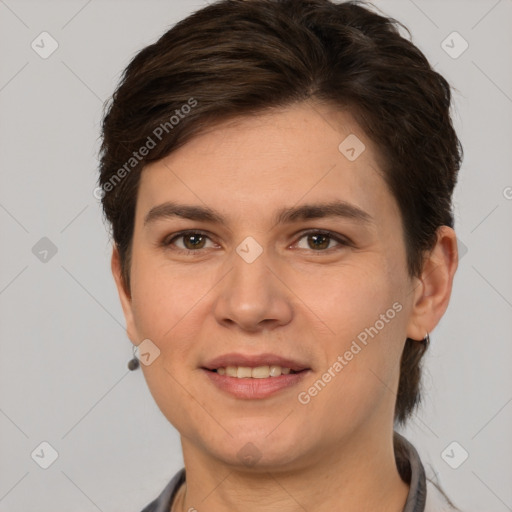 Joyful white young-adult female with short  brown hair and brown eyes