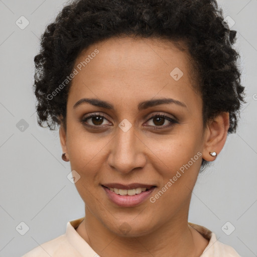 Joyful latino young-adult female with short  brown hair and brown eyes