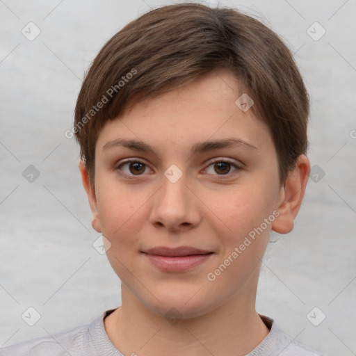 Joyful white young-adult female with short  brown hair and grey eyes