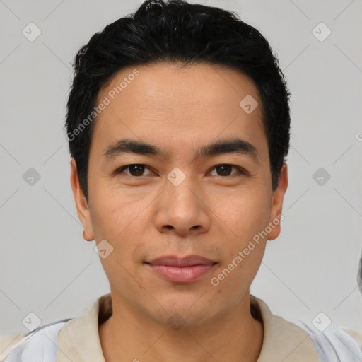 Neutral asian young-adult male with short  black hair and brown eyes