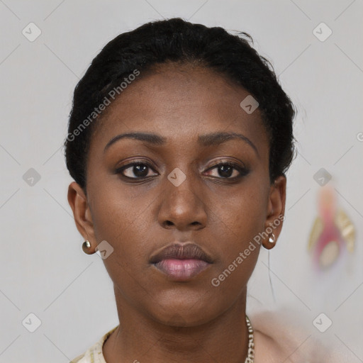 Neutral black young-adult female with short  black hair and brown eyes