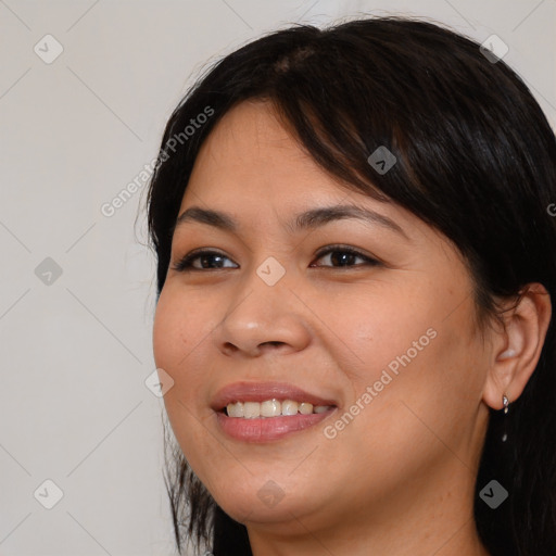 Joyful white young-adult female with long  brown hair and brown eyes