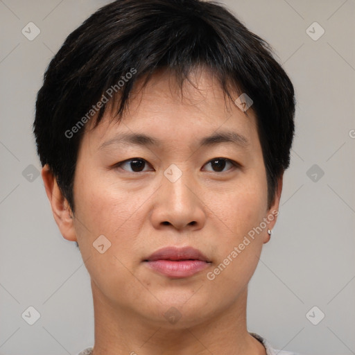 Neutral asian young-adult female with short  brown hair and brown eyes