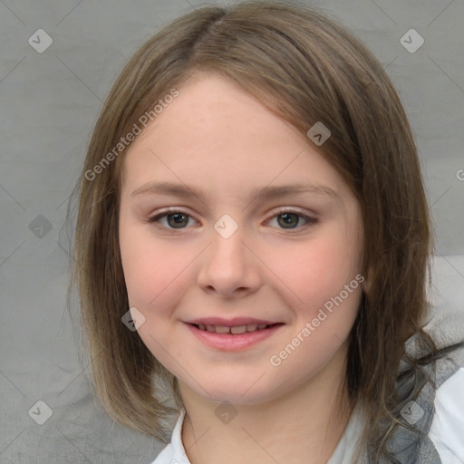 Joyful white child female with medium  brown hair and brown eyes