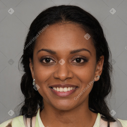 Joyful black young-adult female with medium  black hair and brown eyes