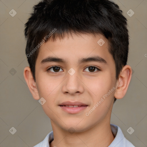 Joyful white child male with short  brown hair and brown eyes