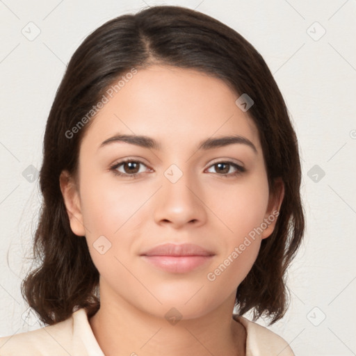 Neutral white young-adult female with medium  brown hair and brown eyes