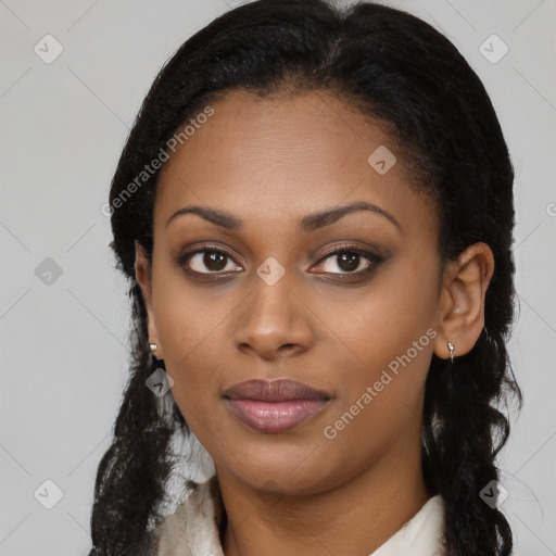 Joyful latino young-adult female with long  black hair and brown eyes