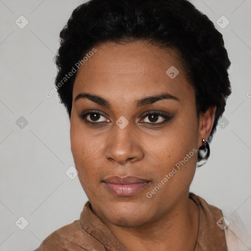 Neutral latino young-adult female with short  black hair and brown eyes