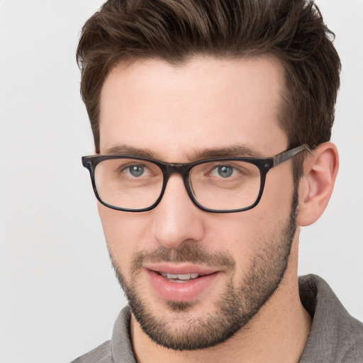 Neutral white young-adult male with short  brown hair and grey eyes