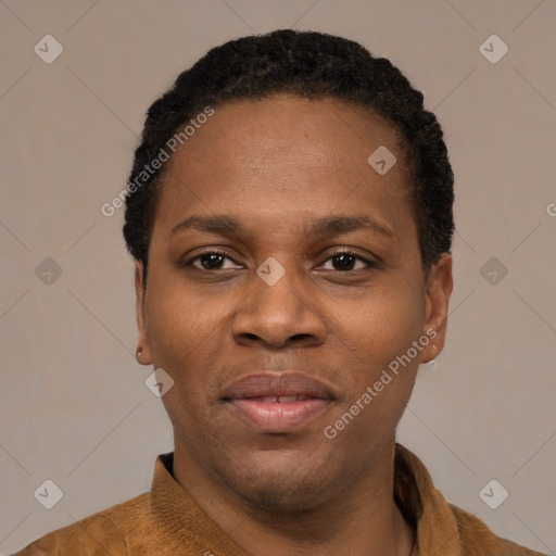 Joyful black young-adult female with short  black hair and brown eyes