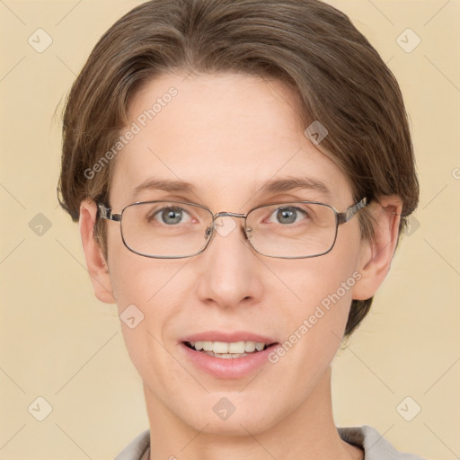 Joyful white adult female with short  brown hair and grey eyes