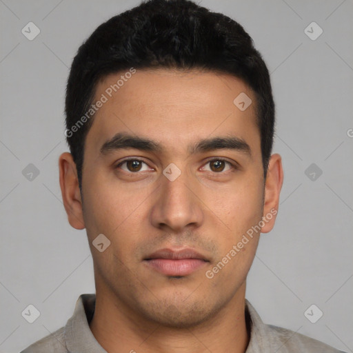 Neutral latino young-adult male with short  black hair and brown eyes