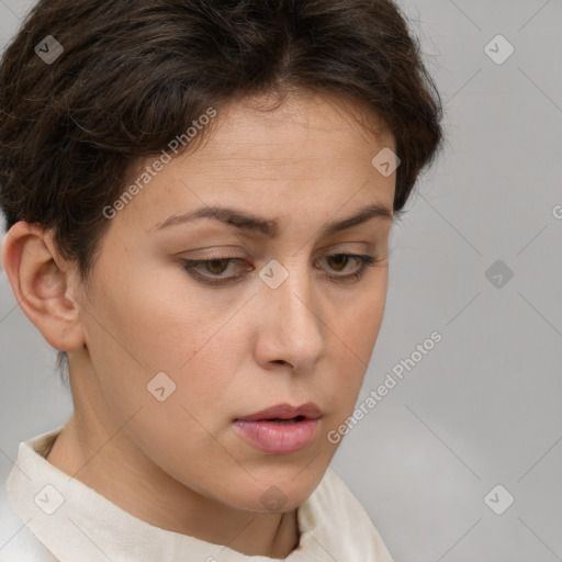 Neutral white young-adult female with short  brown hair and brown eyes