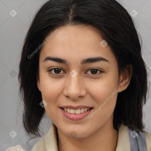 Joyful latino young-adult female with medium  brown hair and brown eyes