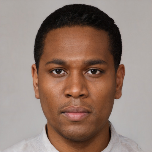 Neutral black young-adult male with short  black hair and brown eyes
