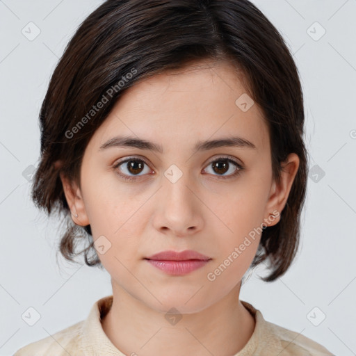 Neutral white young-adult female with medium  brown hair and brown eyes