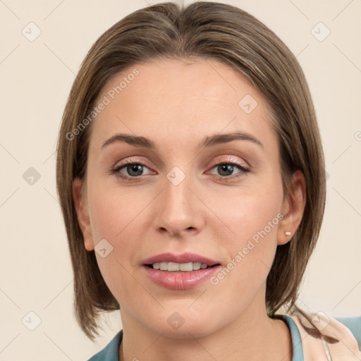 Joyful white young-adult female with medium  brown hair and grey eyes