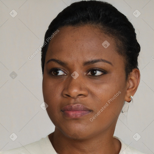 Neutral black young-adult female with short  black hair and brown eyes