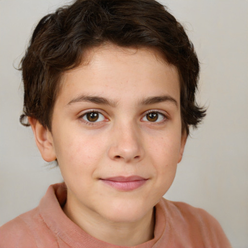 Joyful white child female with short  brown hair and brown eyes