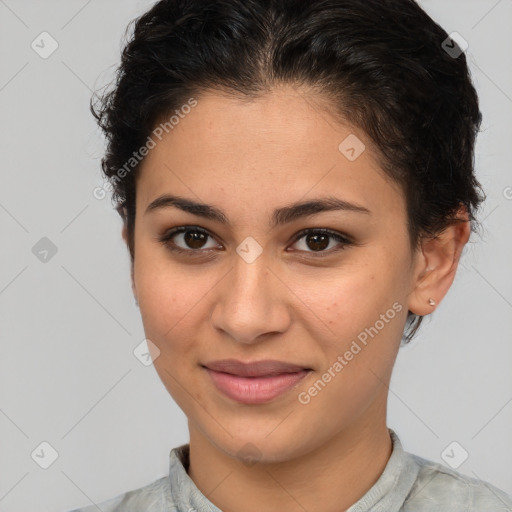 Joyful latino young-adult female with short  brown hair and brown eyes