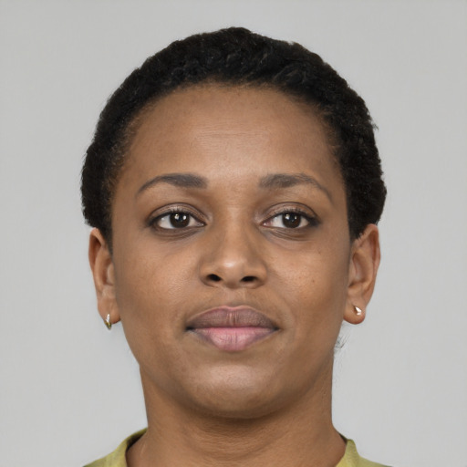 Neutral black young-adult female with short  brown hair and brown eyes