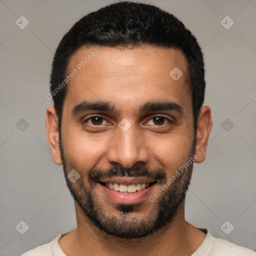 Joyful white young-adult male with short  black hair and brown eyes