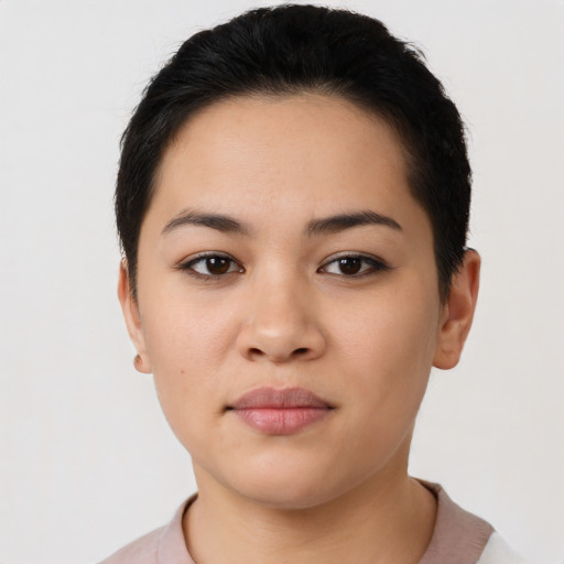 Neutral latino young-adult female with short  black hair and brown eyes