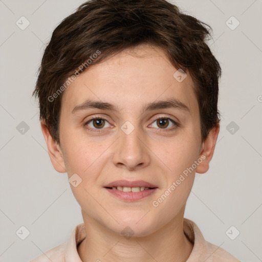 Joyful white young-adult female with short  brown hair and brown eyes